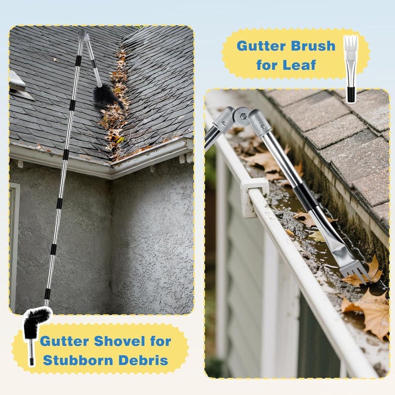 Krbnk 13FT Gutter Cleaning Tool from The Ground, No Ladder Needed - Adjustable Length Gutter Cleaner Pole with 180° Pivoting Head, Replaceable Brush & Shovel for Leaves, Debris - Image 4